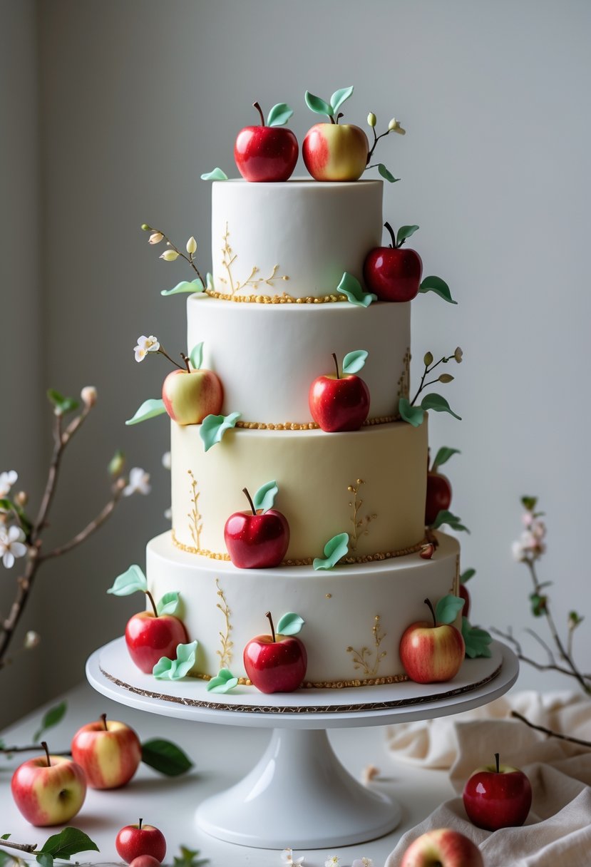 A multi-tiered cake decorated with red apples and green leaves, displayed on a white cake stand with woodland elements around it.