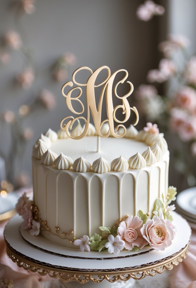 A close-up of a white celebration cake with a monogrammed fondant topper and floral decorations.