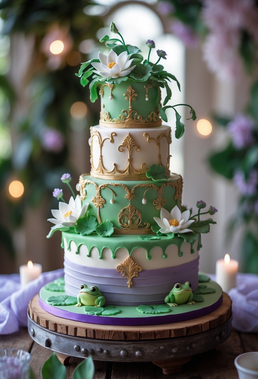 A multi-tiered cake decorated with green, gold, and purple colors, featuring sugar flowers and frog motifs, displayed on a wooden table with greenery in the background.