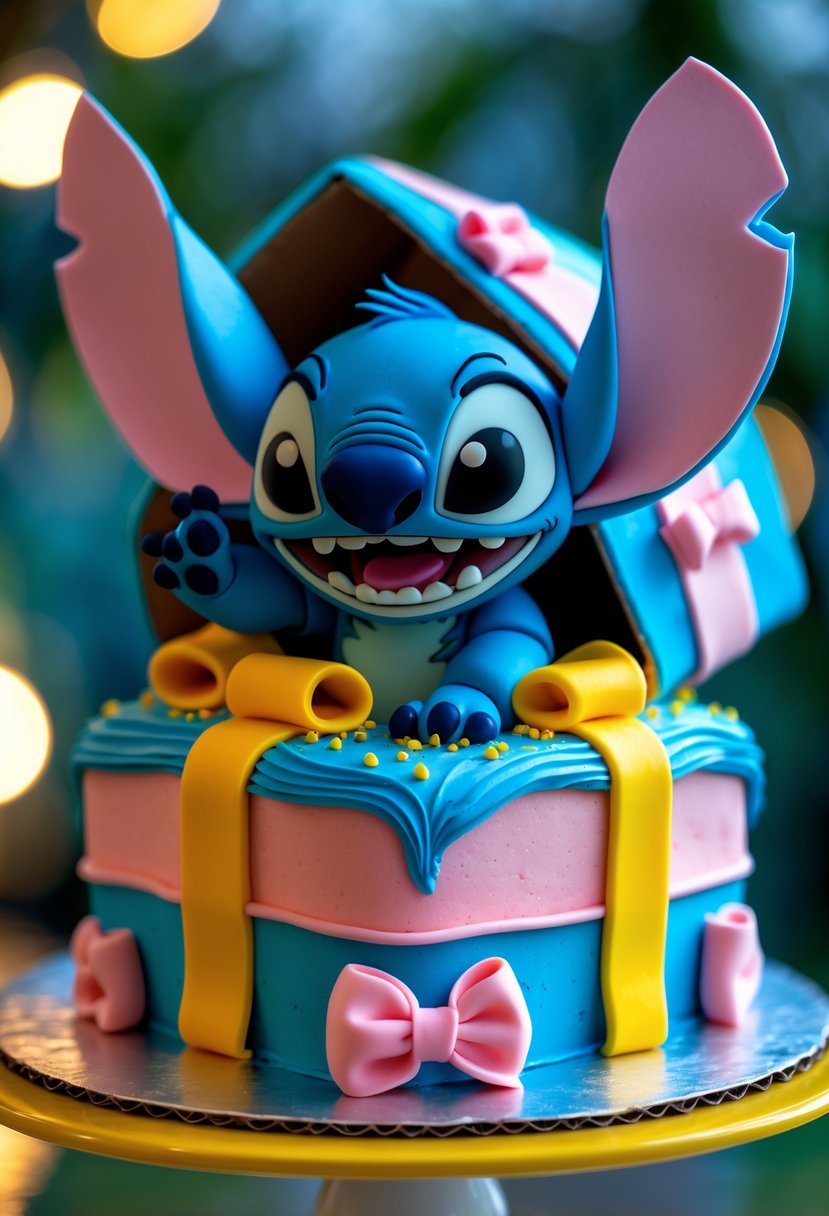 A colorful birthday cake shaped like a gift box with the character Stitch playfully popping out of the top.