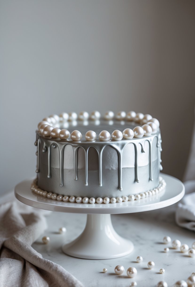 A metallic drip cake decorated with edible pearls on a white cake stand.