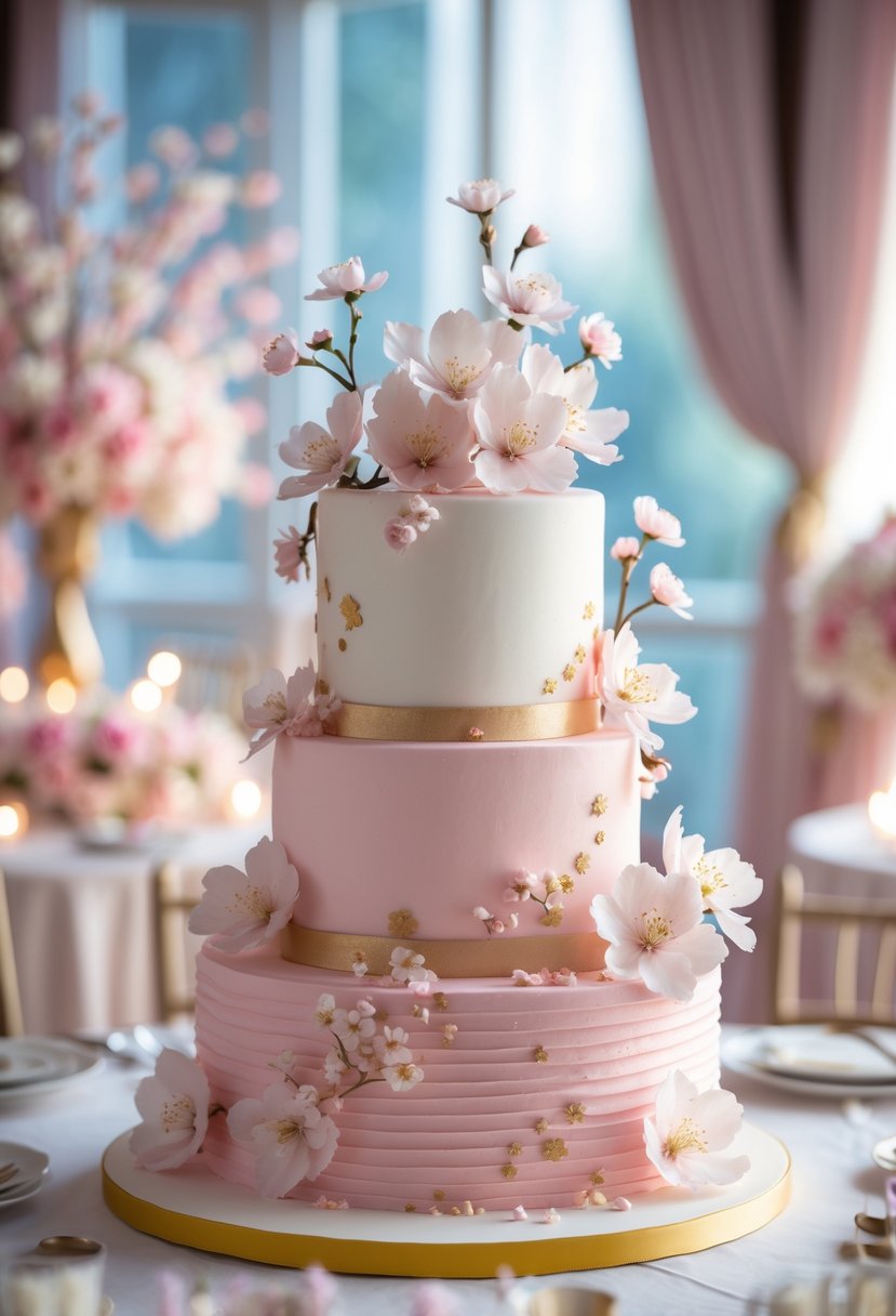 A multi-tiered cake decorated with pink and white frosting and edible cherry blossoms on a party table with floral decorations.