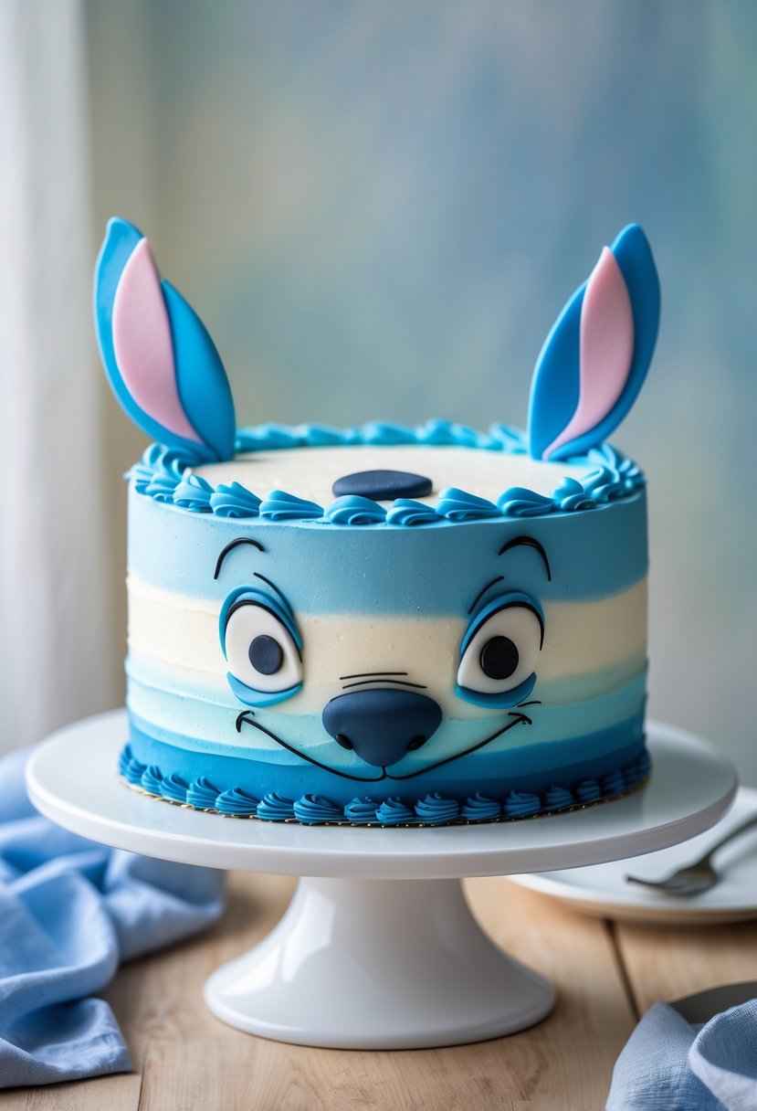 A blue ombre birthday cake inspired by Stitch, displayed on a white cake stand on a wooden table.