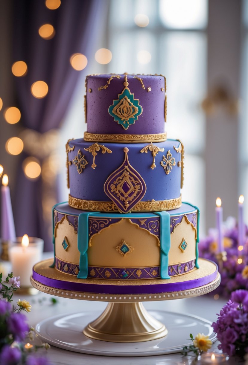 A colorful cake designed to look like a magic carpet with intricate patterns and vibrant colors, displayed on a cake stand at a party.
