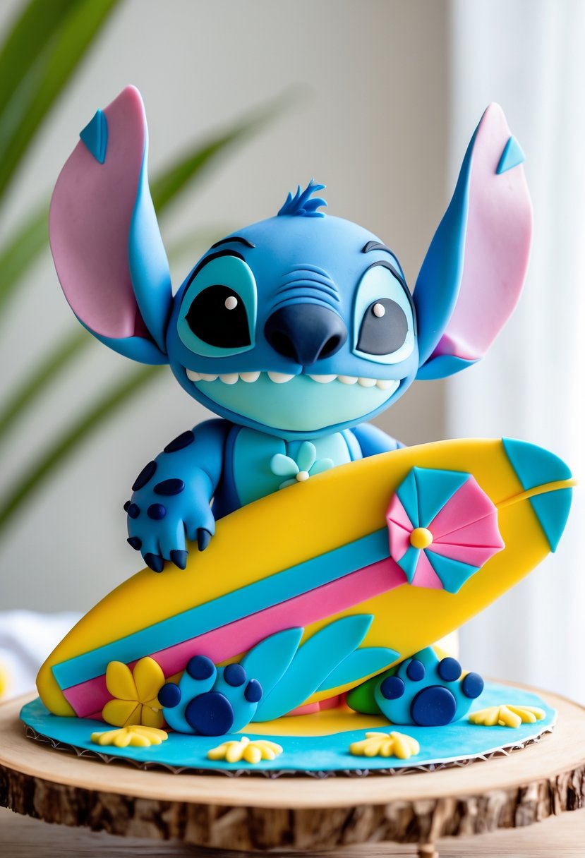 A fondant figure of Stitch holding a surfboard-shaped cake decorated with bright colors.