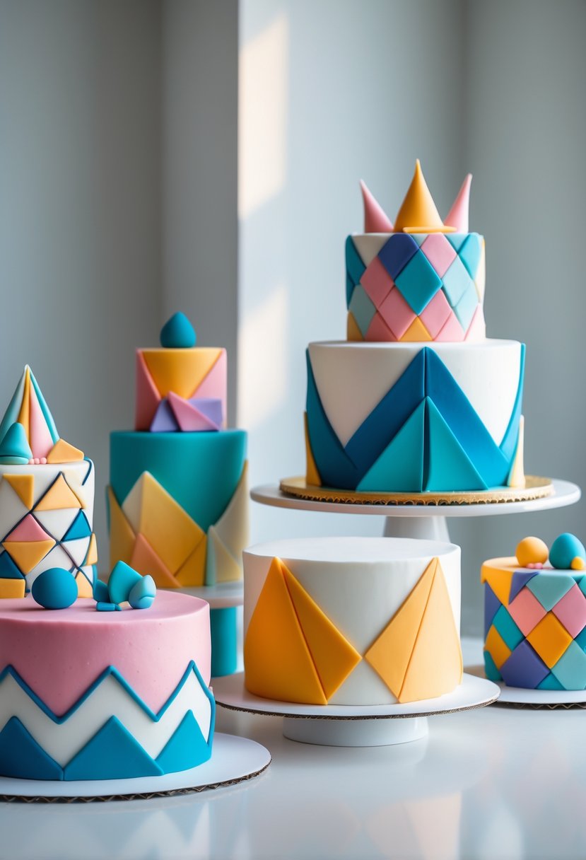 A collection of celebration cakes decorated with colorful geometric fondant patterns displayed on a white surface.