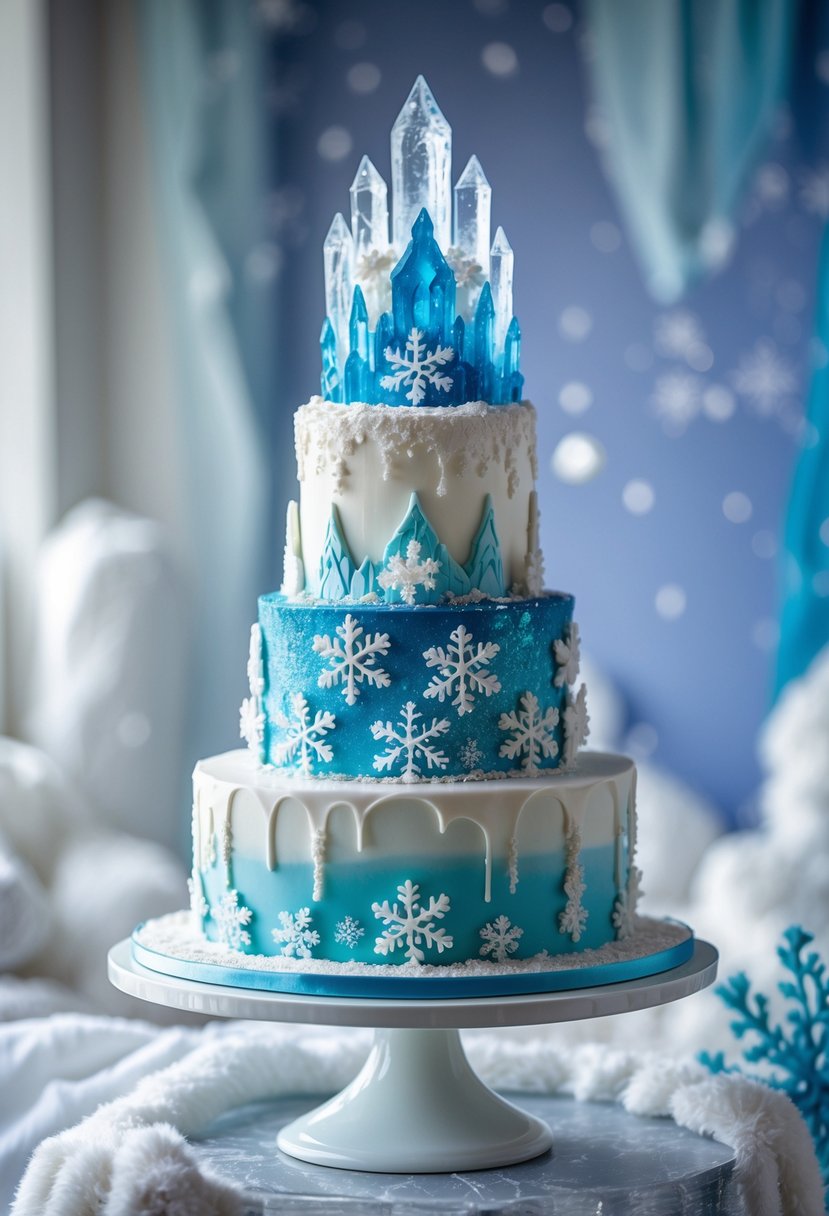 A multi-tiered blue and white cake decorated with snowflakes and ice crystal decorations on a white stand.