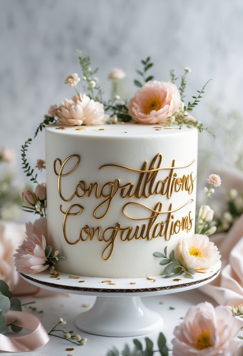 A close-up of a decorated cake with gold leaf lettering and floral decorations on a white surface.