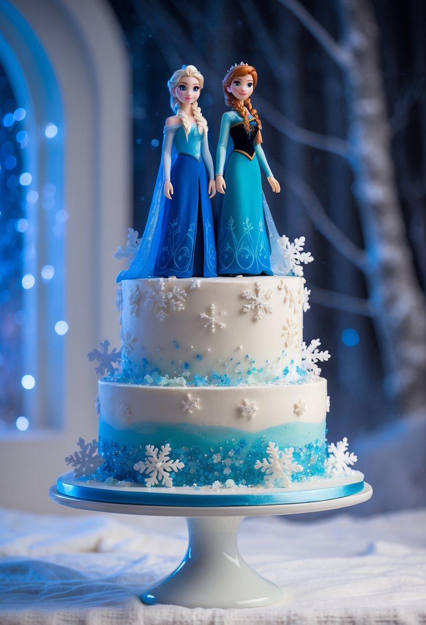 A multi-tiered cake decorated with snowflakes and figurines of two princesses, set against a wintery background.