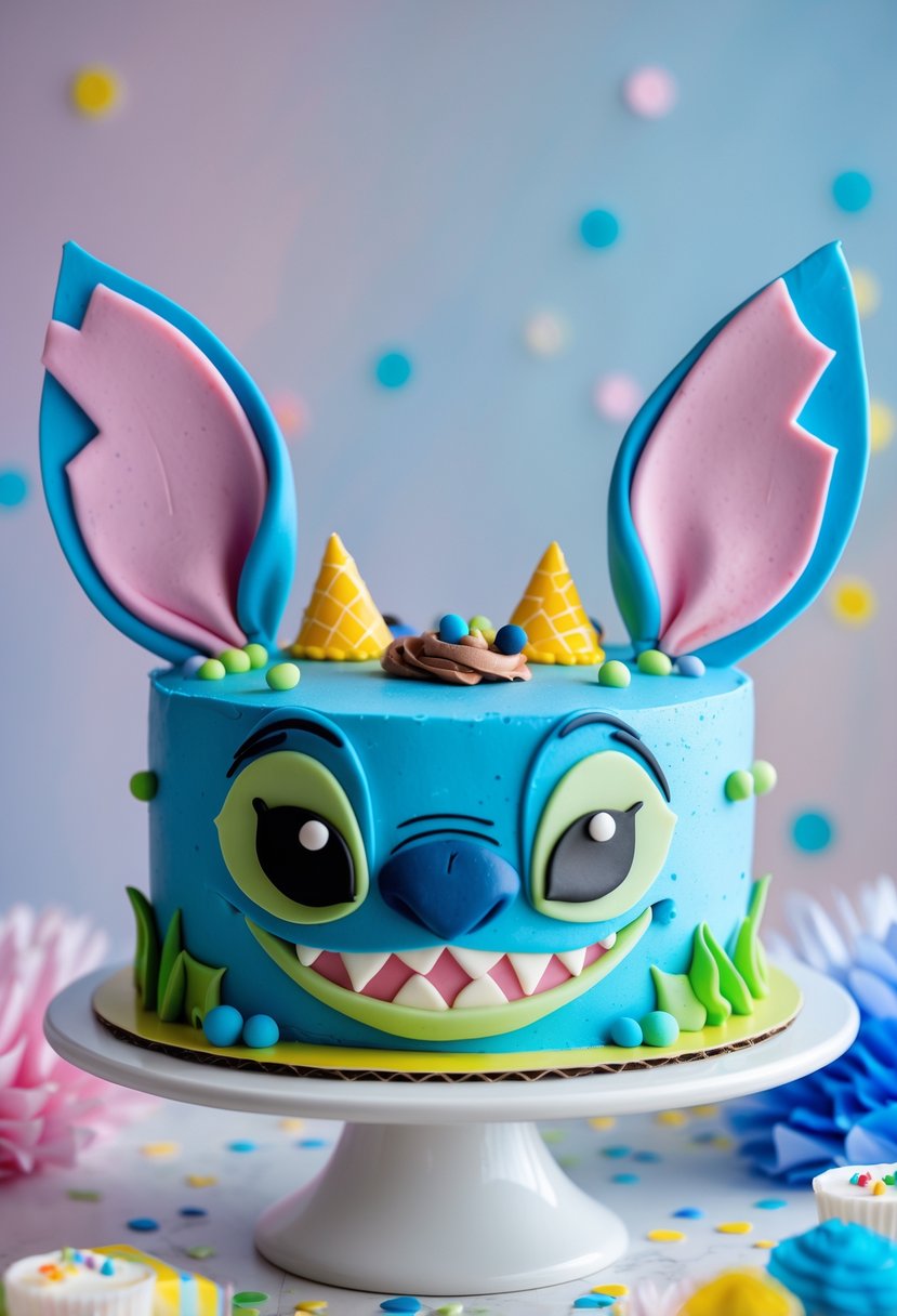 Round birthday cake decorated with edible Stitch ears and nose on top, displayed on a white cake stand with birthday decorations in the background.