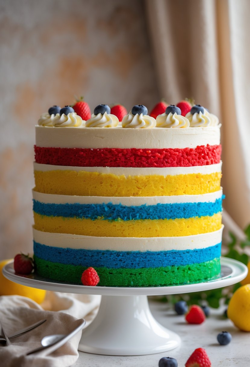 A multi-layered cake with colorful layers and white frosting on a white cake stand.