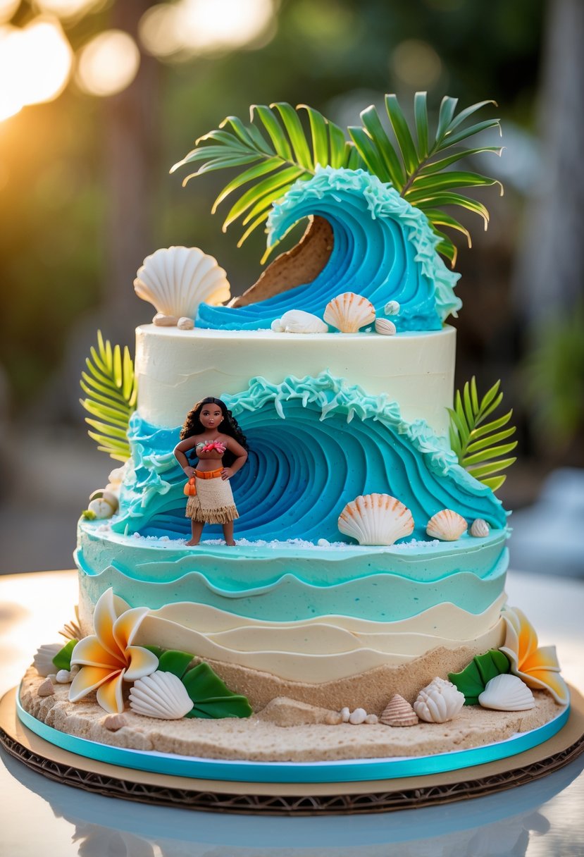 A detailed ocean wave cake decorated with tropical elements and a small Moana figurine on top.