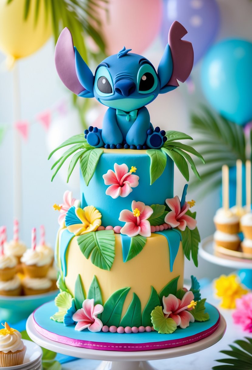 A colorful birthday cake with detailed figures of Stitch and Scrump on top, decorated with tropical flowers and leaves.