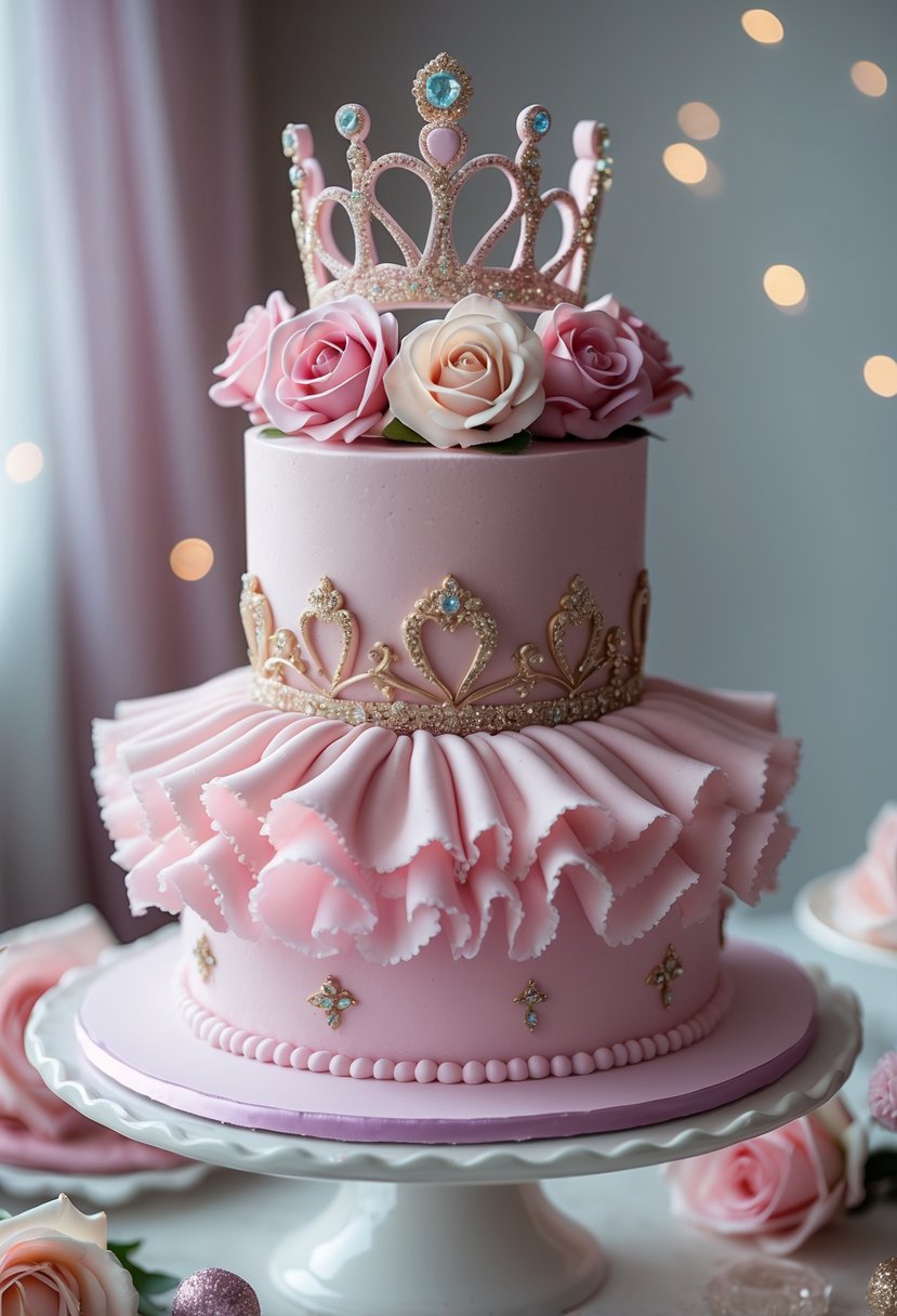 A pink tutu-shaped cake topped with a sparkling edible tiara on a white cake stand with soft pastel decorations around it.