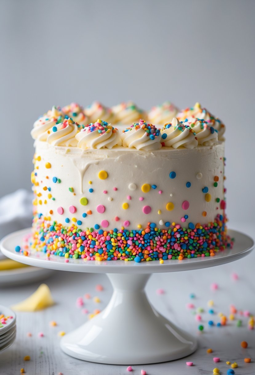 A celebration cake covered in colorful confetti sprinkles on a white cake stand.