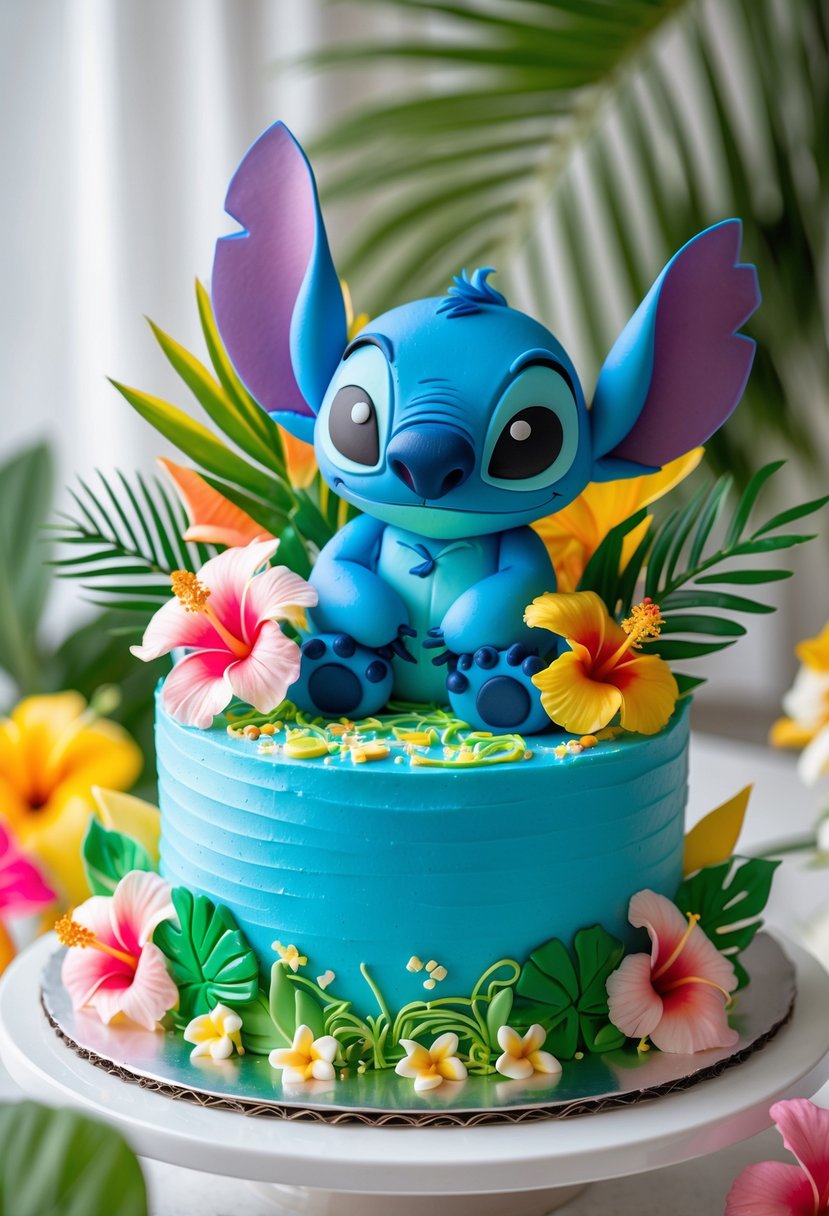 A colorful birthday cake decorated with a bright blue Stitch figure and tropical flowers on a white surface.