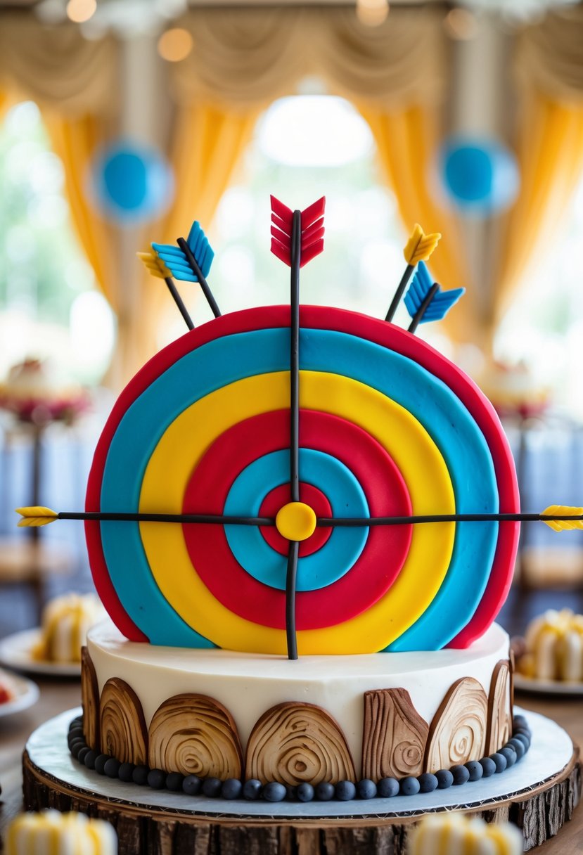 A colorful archery target cake decorated with fondant arrows on a party table.
