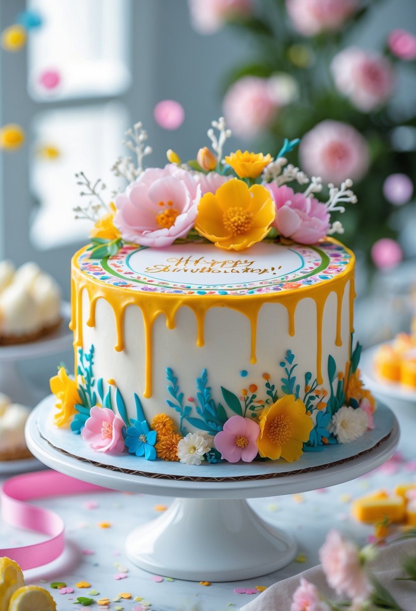 A decorated celebration cake with a custom edible icing sheet surrounded by festive decorations.