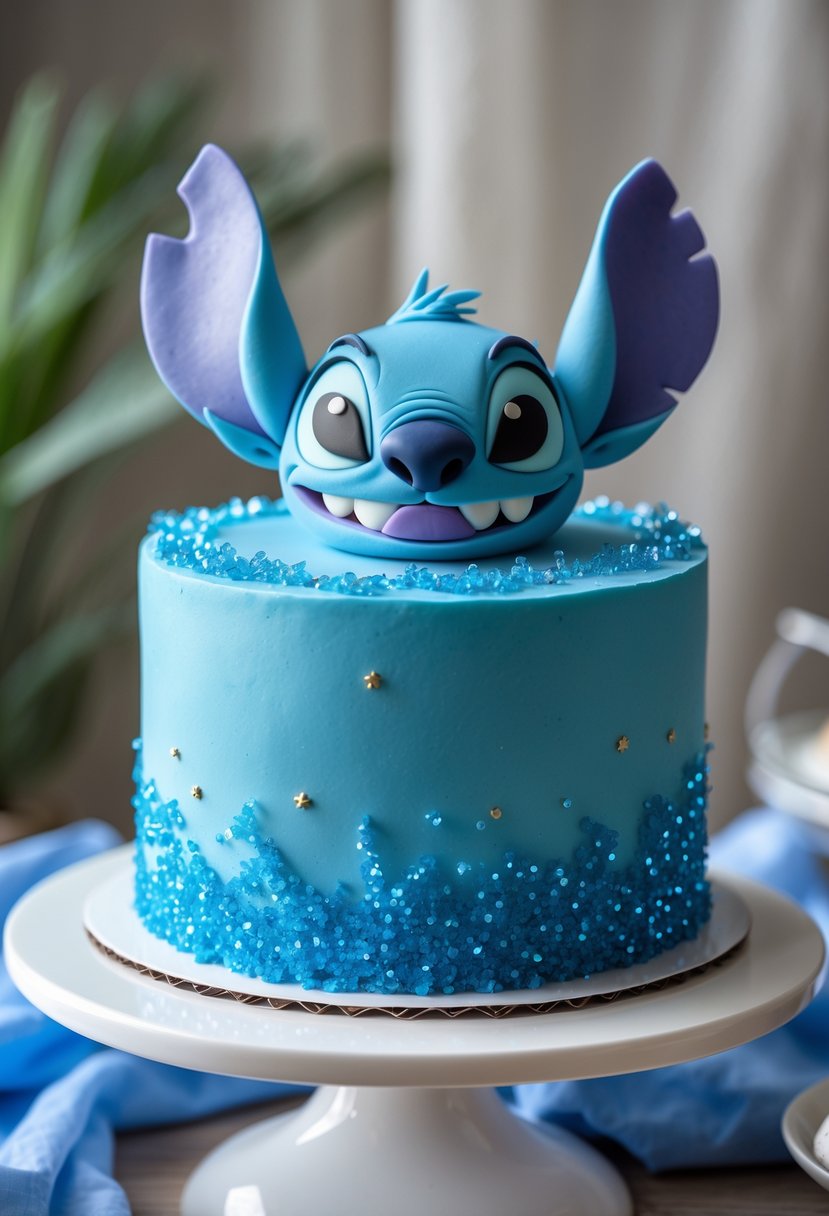 A blue birthday cake decorated with glittery blue sugar crystals inspired by the character Stitch.