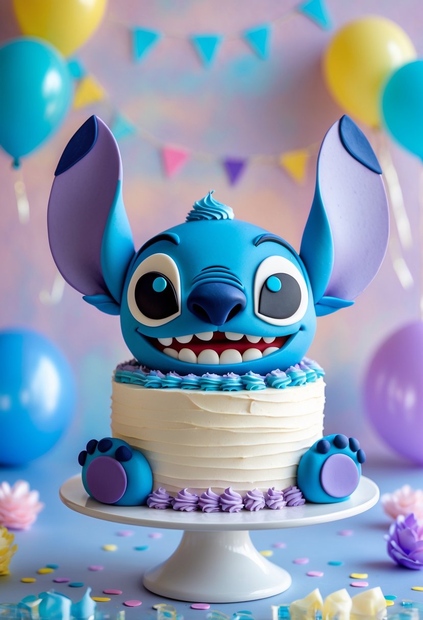 A colorful birthday cake shaped like a character with large eyes and ears on a white cake stand, surrounded by birthday decorations.