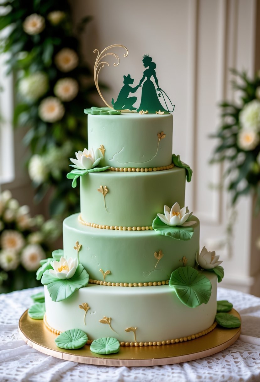 A multi-tiered wedding cake decorated with green and gold accents, lily pads, and water lilies, inspired by a frog prince and princess theme.