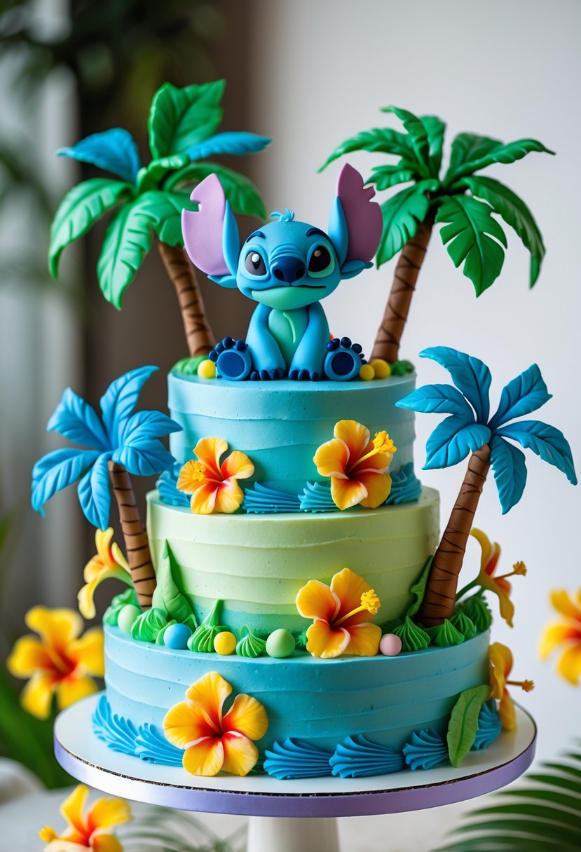 A colorful birthday cake decorated with palm trees and hibiscus flowers.