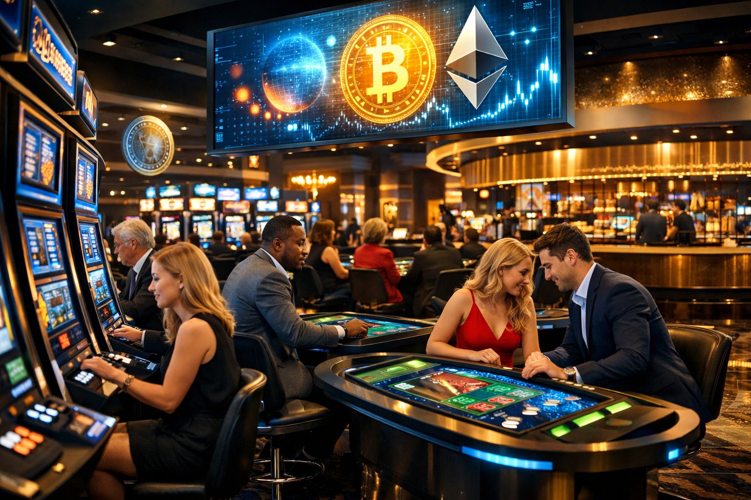 A Modern Casino Gaming Floor With People Playing Slot Machines And Electronic Tables, Featuring Digital Cryptocurrency Symbols Integrated Into The Environment.
