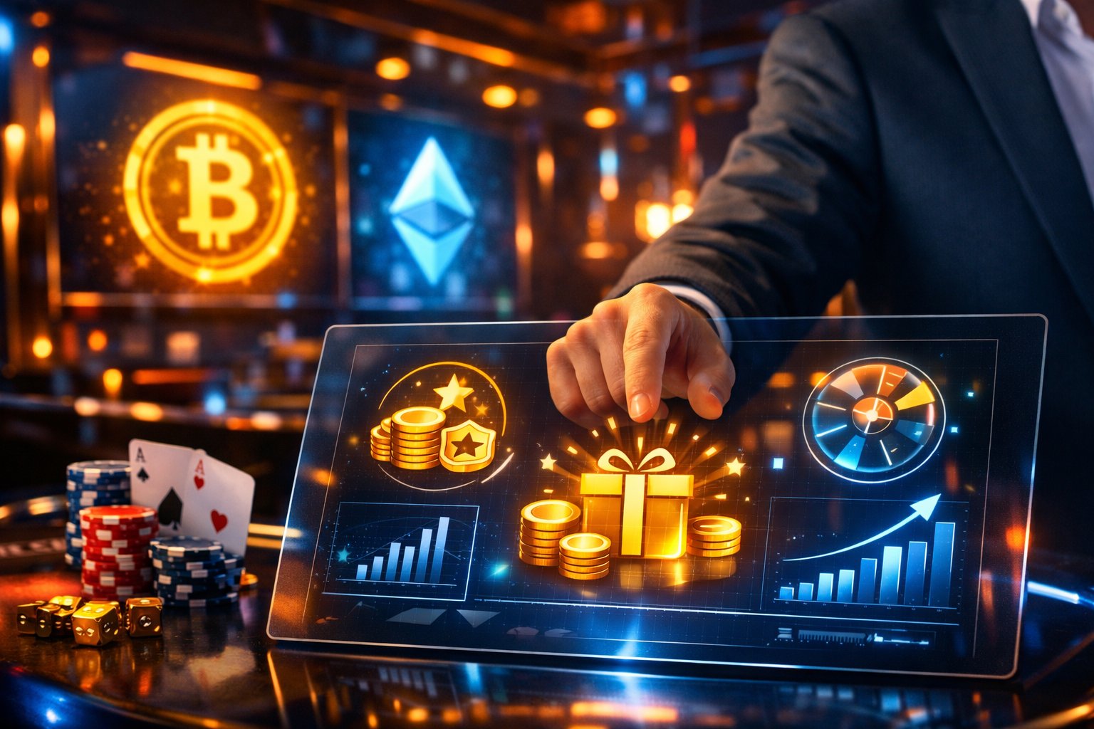 A Person Using A Futuristic Touchscreen In A Modern Casino With Digital Cryptocurrency Symbols And Casino Elements Around.