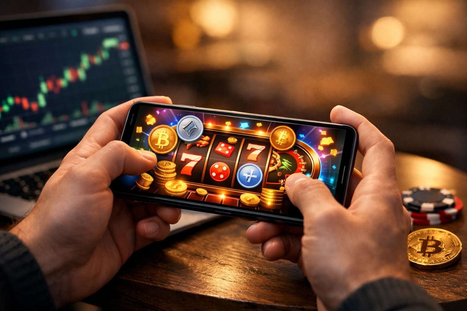 A Person Holding A Smartphone Showing A Casino Game With Cryptocurrency Symbols In A Cozy Indoor Setting.