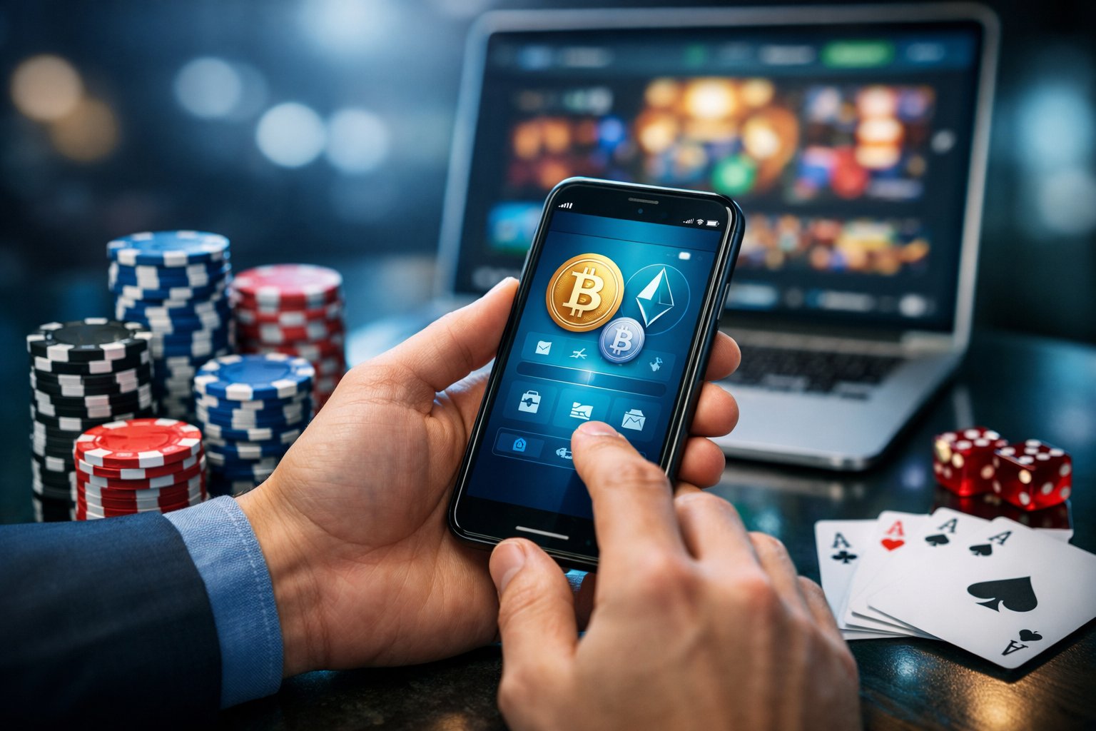 Hands Holding A Smartphone With Cryptocurrency Icons, Surrounded By Poker Chips, Playing Cards, And A Laptop Displaying An Online Casino Interface.