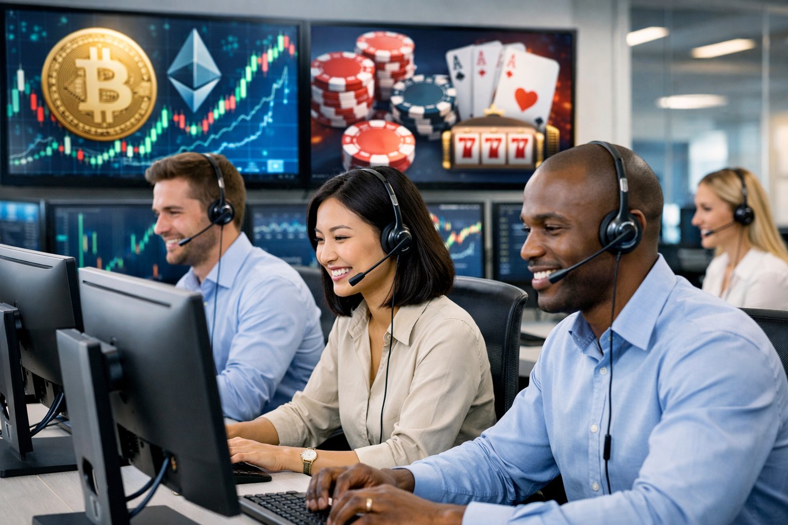 A Team Of Customer Support Agents Wearing Headsets Working At Computers In A Modern Office With Screens Showing Cryptocurrency And CasinoRelated Icons.