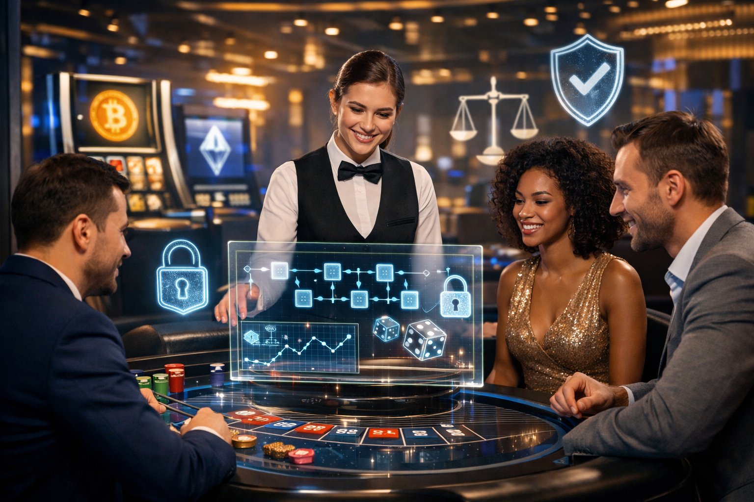 A Modern Casino Interior With People Interacting With Digital Gaming Tables And Cryptocurrency Symbols, Highlighting Security And Fairness.
