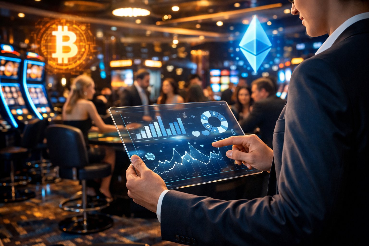 A Person Analyzing Data On A Digital Tablet In A Modern Casino With Slot Machines And Cryptocurrency Symbols Visible In The Background.