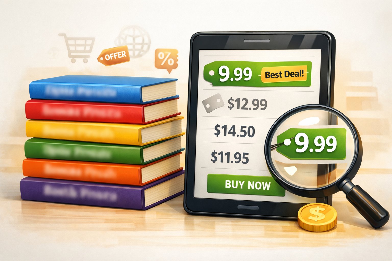 A stack of paperback books beside a tablet showing price comparison charts and price tags, illustrating the benefits of comparing book prices.
