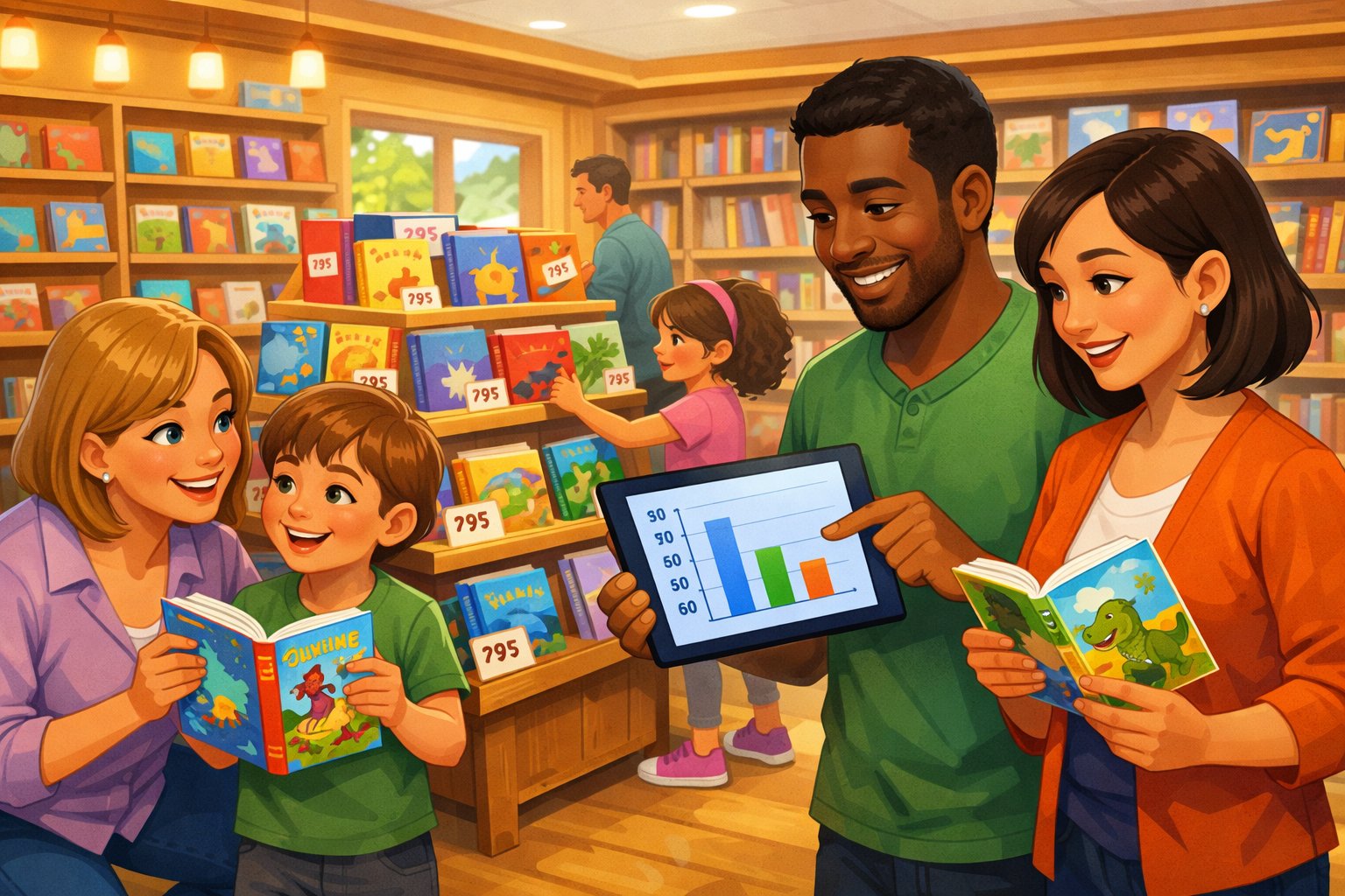 A family looking at children's paperback books in a bookstore, comparing prices on a tablet.