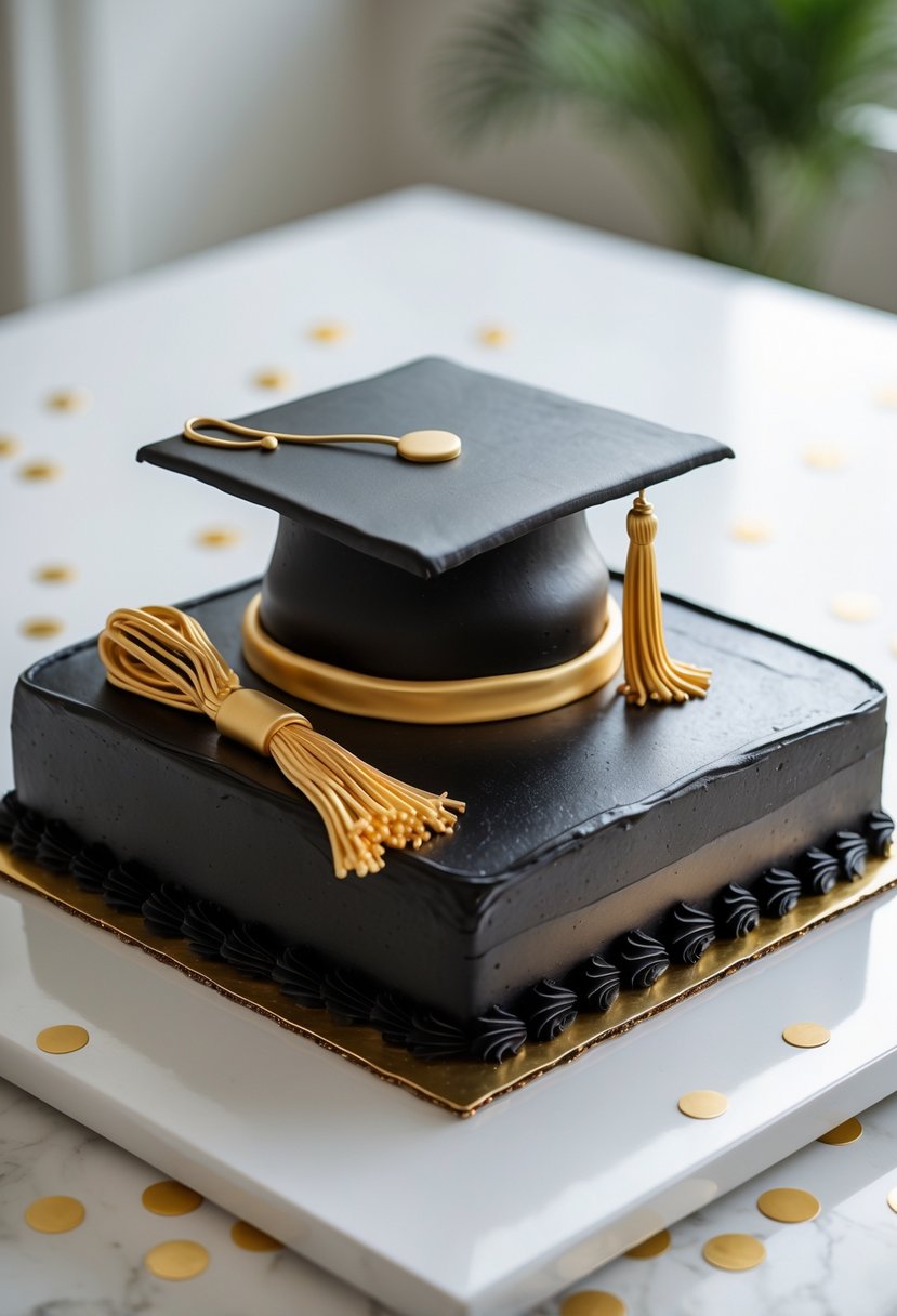 A rectangular black and gold graduation cap sheet cake on a white surface with celebratory decorations in the background.