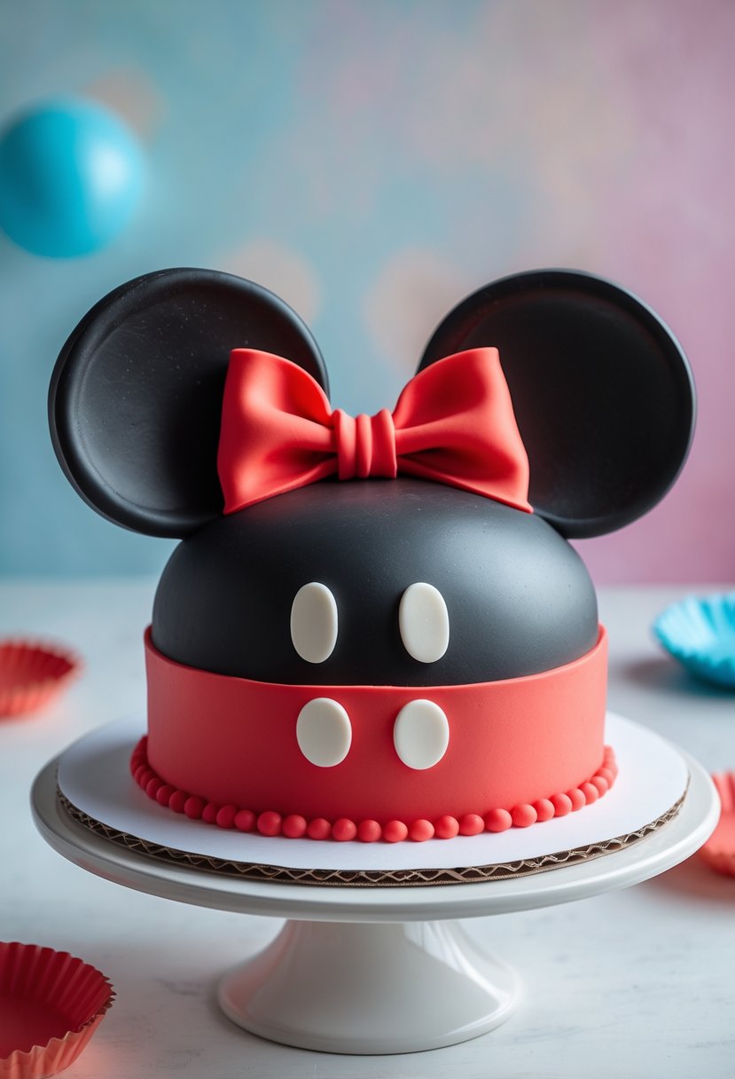 A Mickey Mouse head-shaped cake with a red bow on top, displayed on a white cake board.