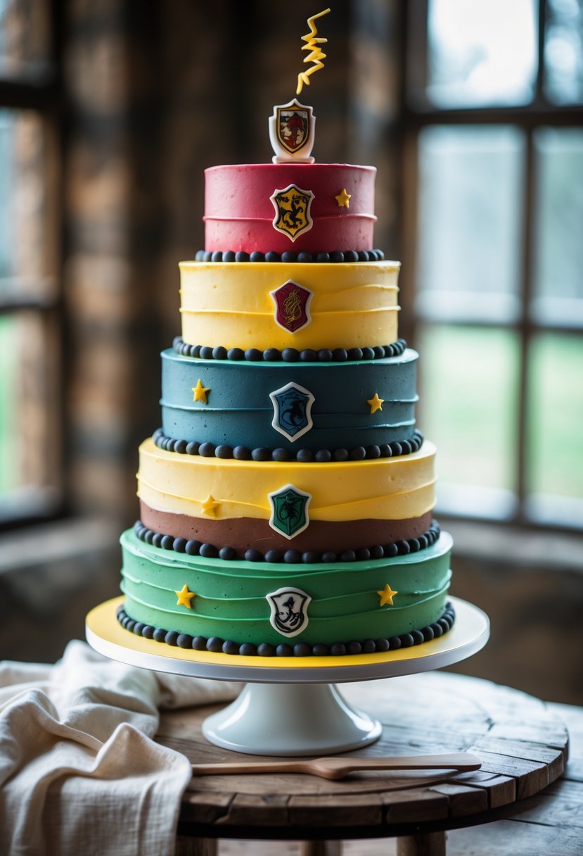 A multi-layered cake decorated in the colors of the four Hogwarts houses, displayed on a white cake stand on a wooden table.