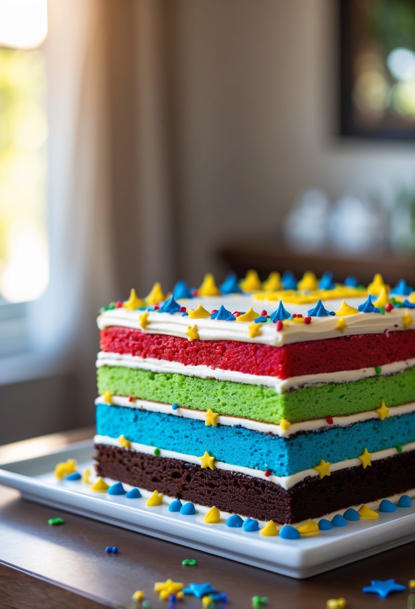 A colorful layered sheet cake decorated with school colors and festive frosting, displayed on a white platter.