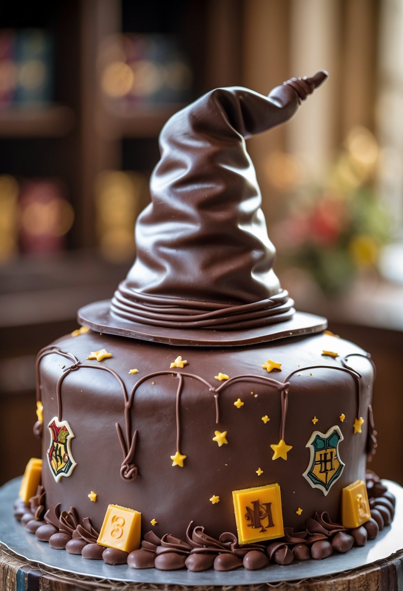 A chocolate sculpture of the Harry Potter Sorting Hat on top of a decorated cake with magical-themed designs.
