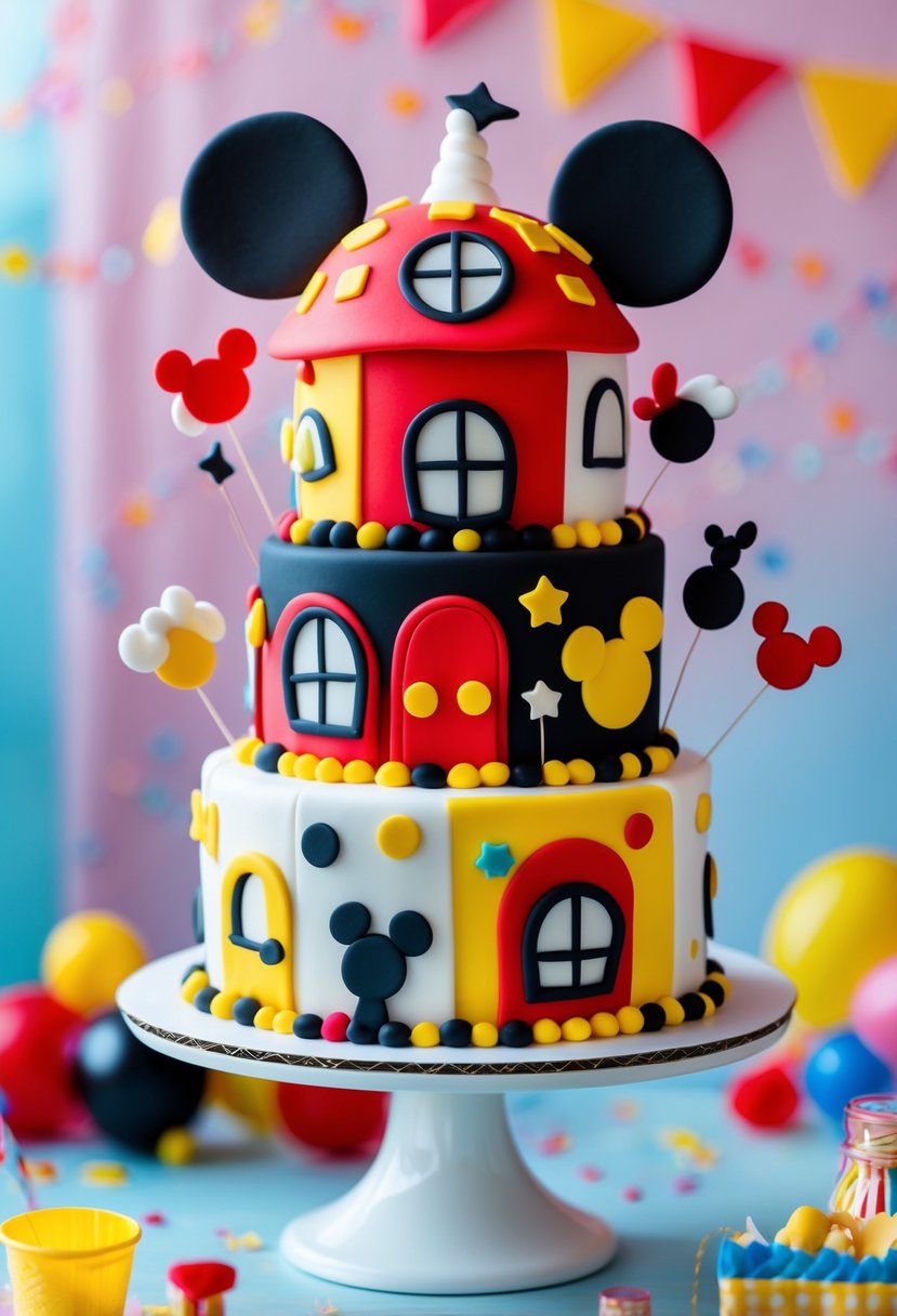 A colorful multi-tiered Mickey Mouse Clubhouse themed cake decorated with Mickey Mouse ears and playful shapes on a white cake stand.