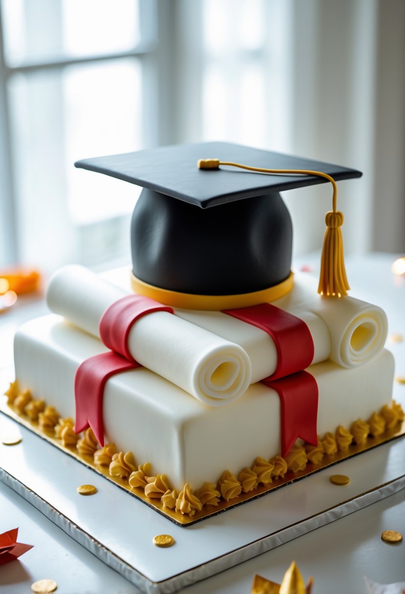 A rectangular sheet cake decorated to look like a graduation diploma and cap on a white surface with festive decorations around it.