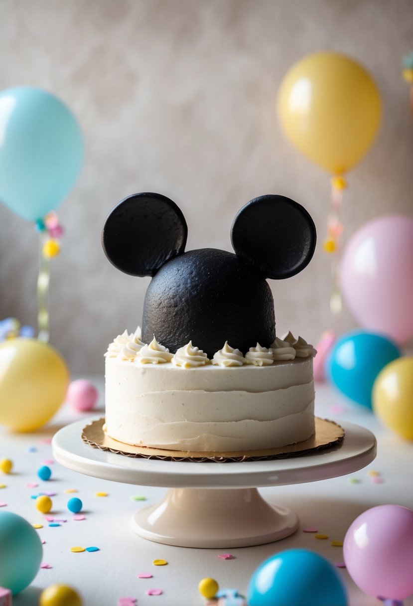 A small white cake with black Mickey Mouse ears on top, surrounded by colorful party decorations on a light surface.