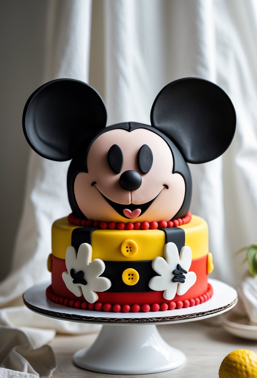 A colorful Mickey Mouse shaped cake with bold red, black, yellow, and white decorations on a white cake stand.