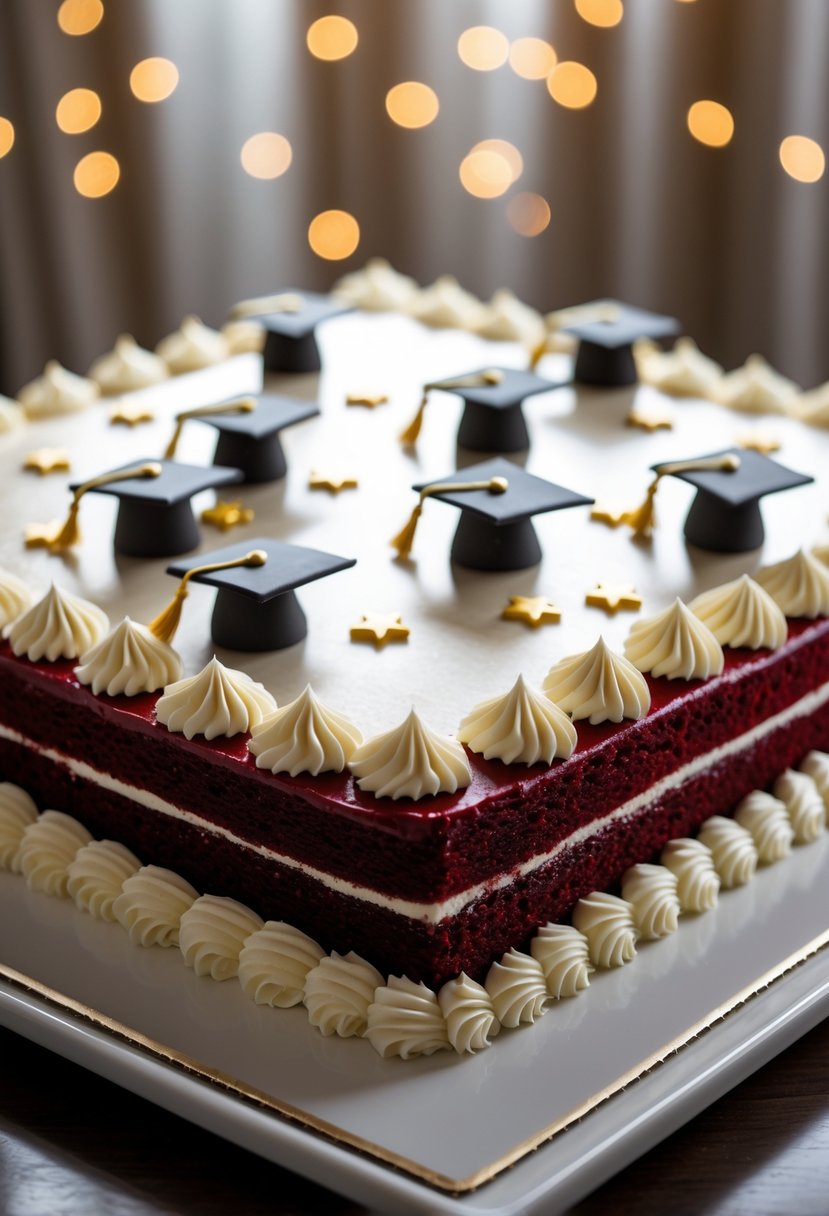 A red velvet sheet cake decorated with white frosting borders and small edible graduation caps, displayed on a white platter.