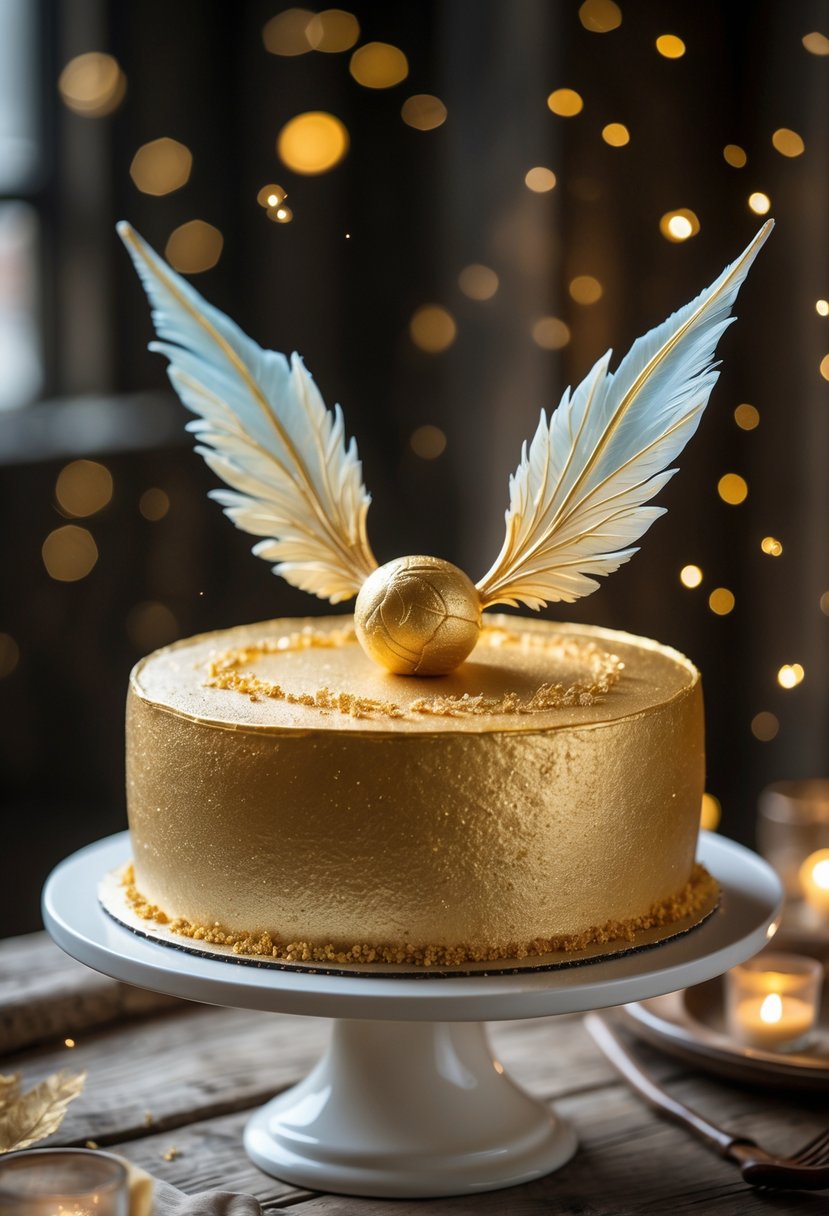 A golden round cake decorated with delicate wings resembling the Golden Snitch from Harry Potter, displayed on a white cake stand on a wooden table.
