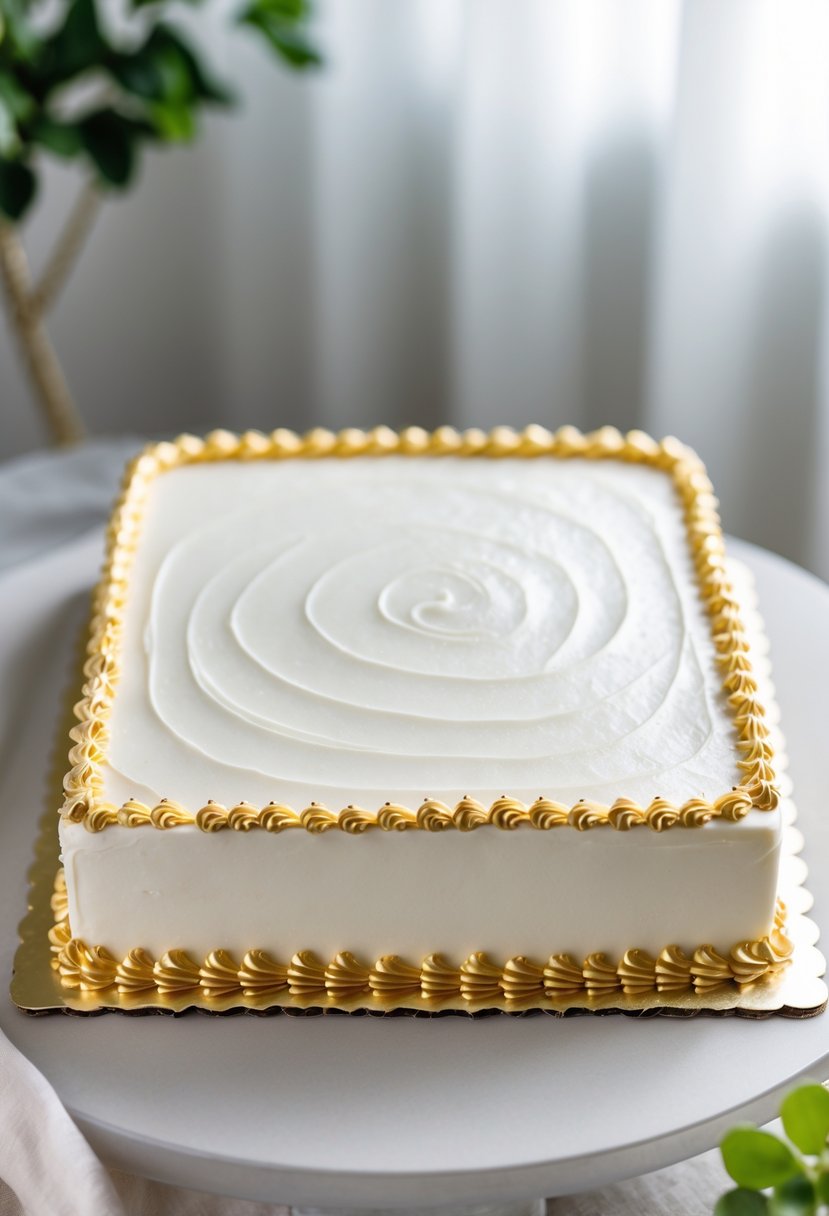A rectangular white frosted sheet cake with gold piping accents on a neutral surface.