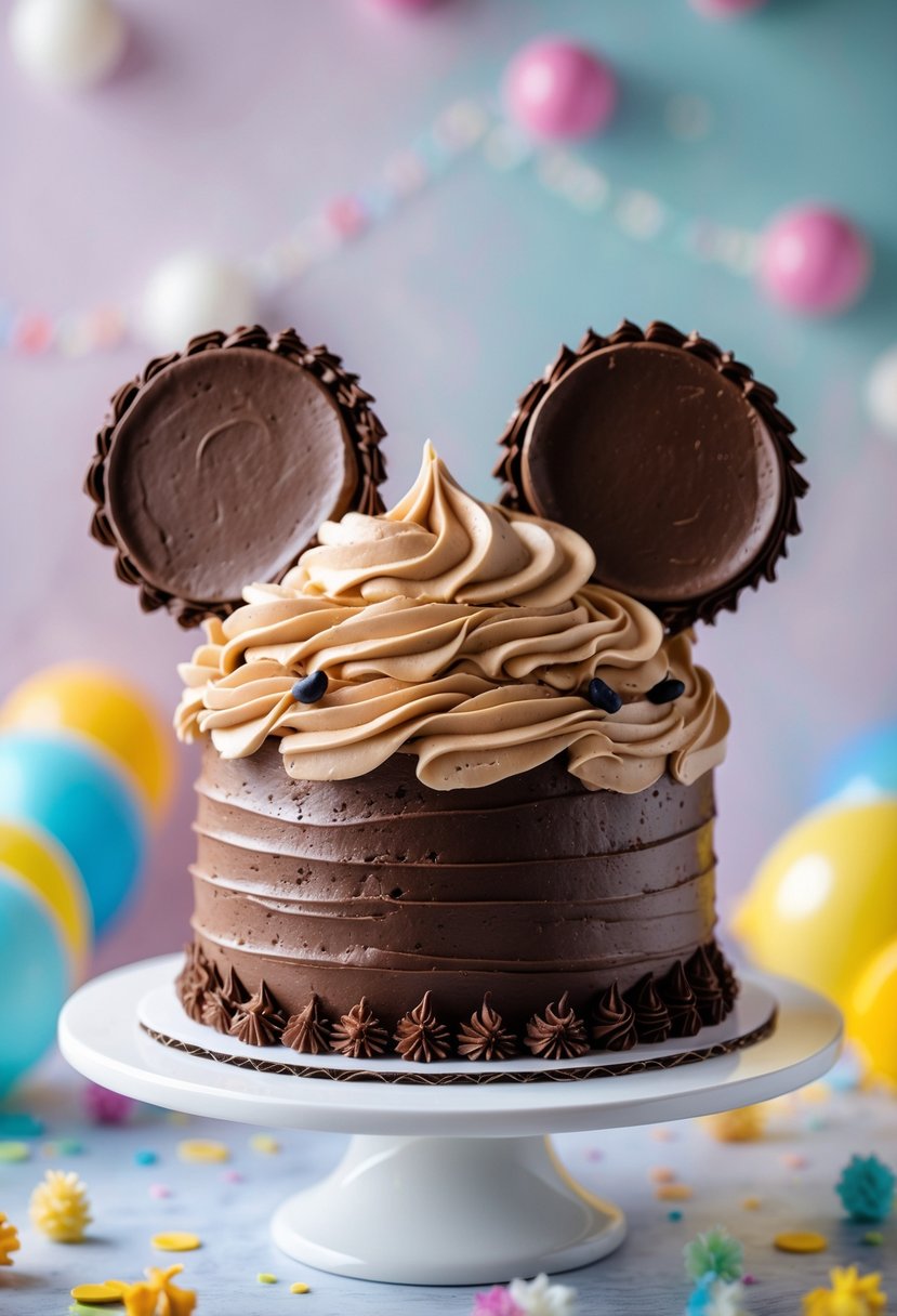 A chocolate cake shaped like Mickey Mouse's head with smooth buttercream frosting on a white cake stand.