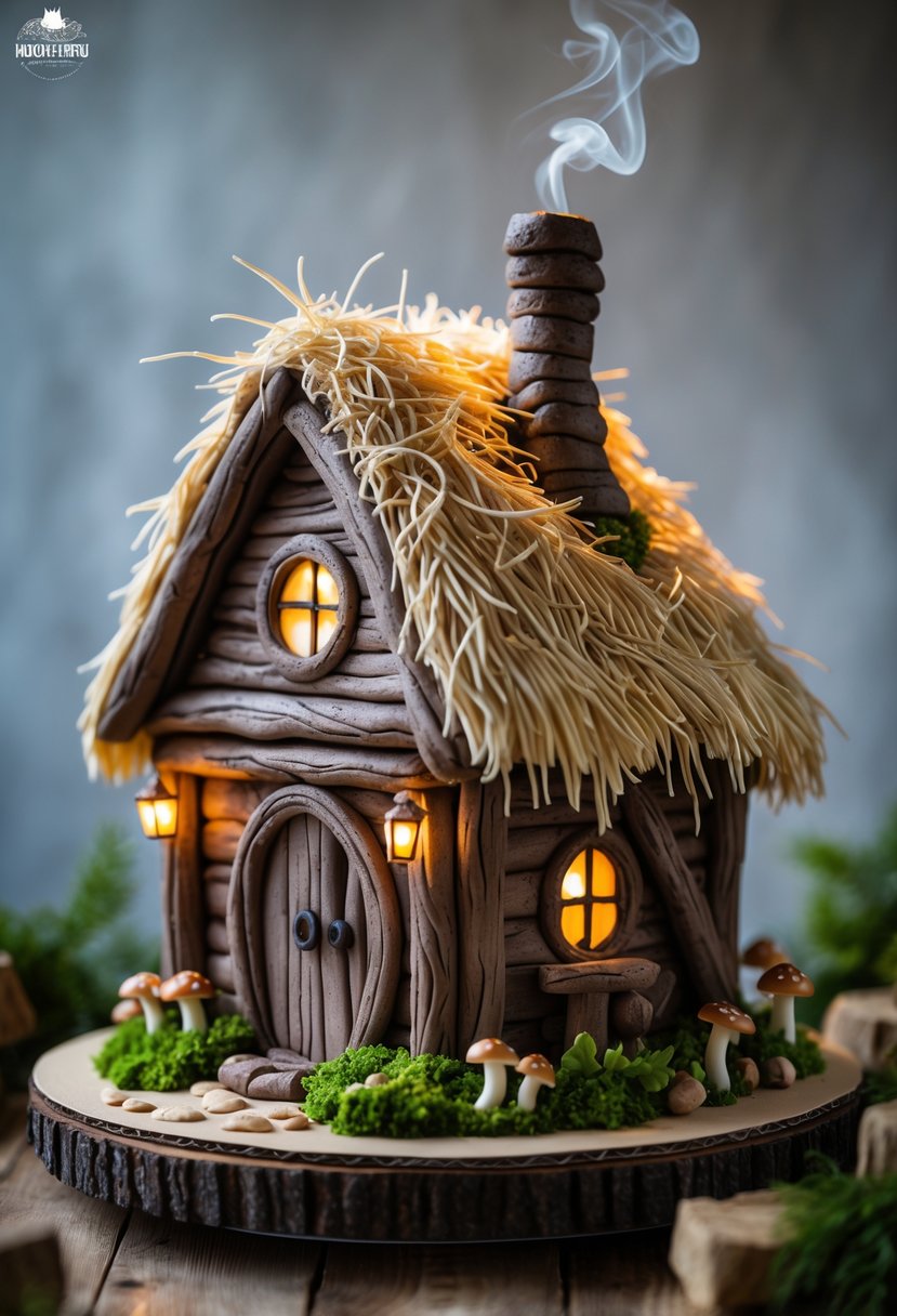 A miniature cake shaped like a rustic hut with wooden walls, a thatched roof, small glowing windows, and edible greenery around the base.