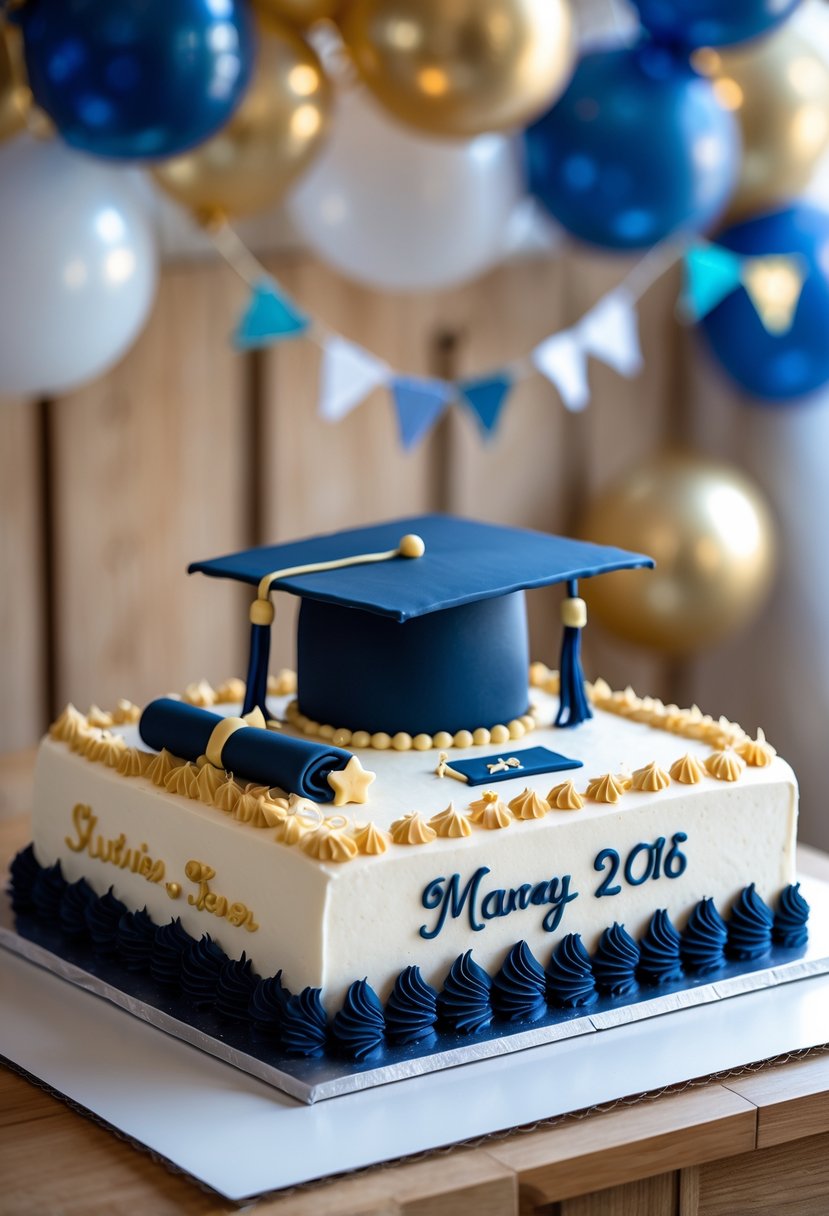 A decorated rectangular sheet cake with graduation-themed edible decorations on a wooden table, surrounded by blurred festive decorations.